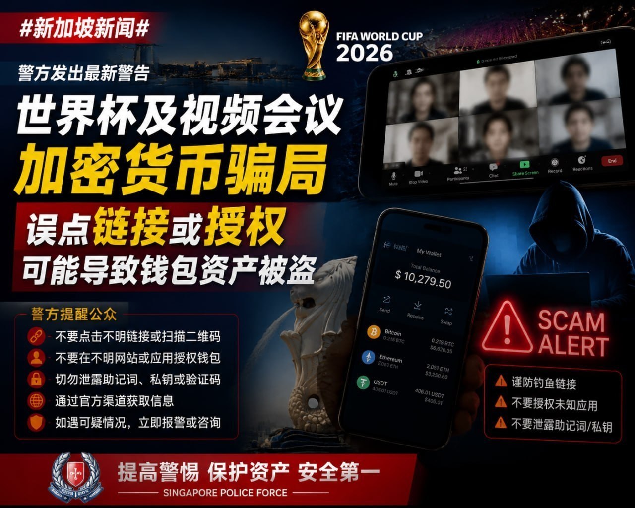 新加坡警方警告世界杯及视频会议加密货币骗局,误点链接或授权可能导致钱包资产被盗