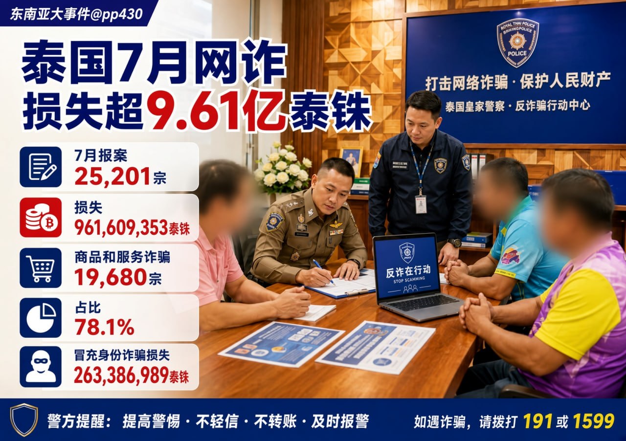 泰国新闻 7月网诈报案超2.52万宗,单月损失逾9.61亿泰铢