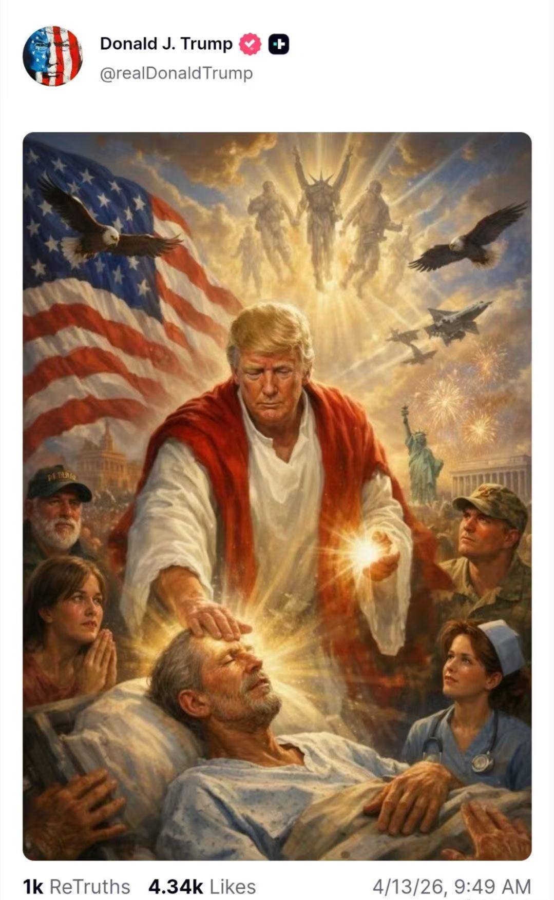 刚刚,特朗普发布了一张讲自己描绘成耶稣基督的图片