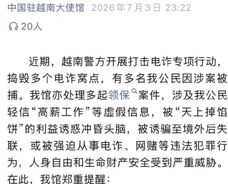 中国驻越南大使馆:在越涉中国公民电诈案多为熟人作案 警惕“天上掉馅饼”陷阱