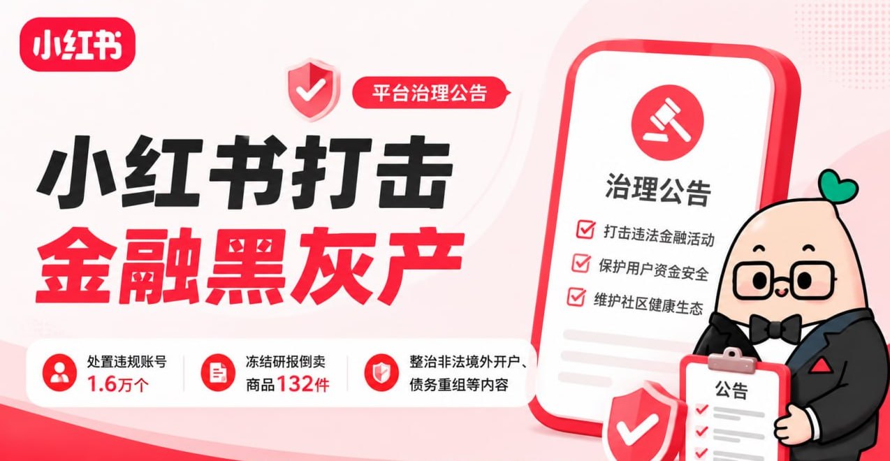 小红书打击金融黑灰产:处置违规账号1.6万个,冻结研报倒卖商品132件