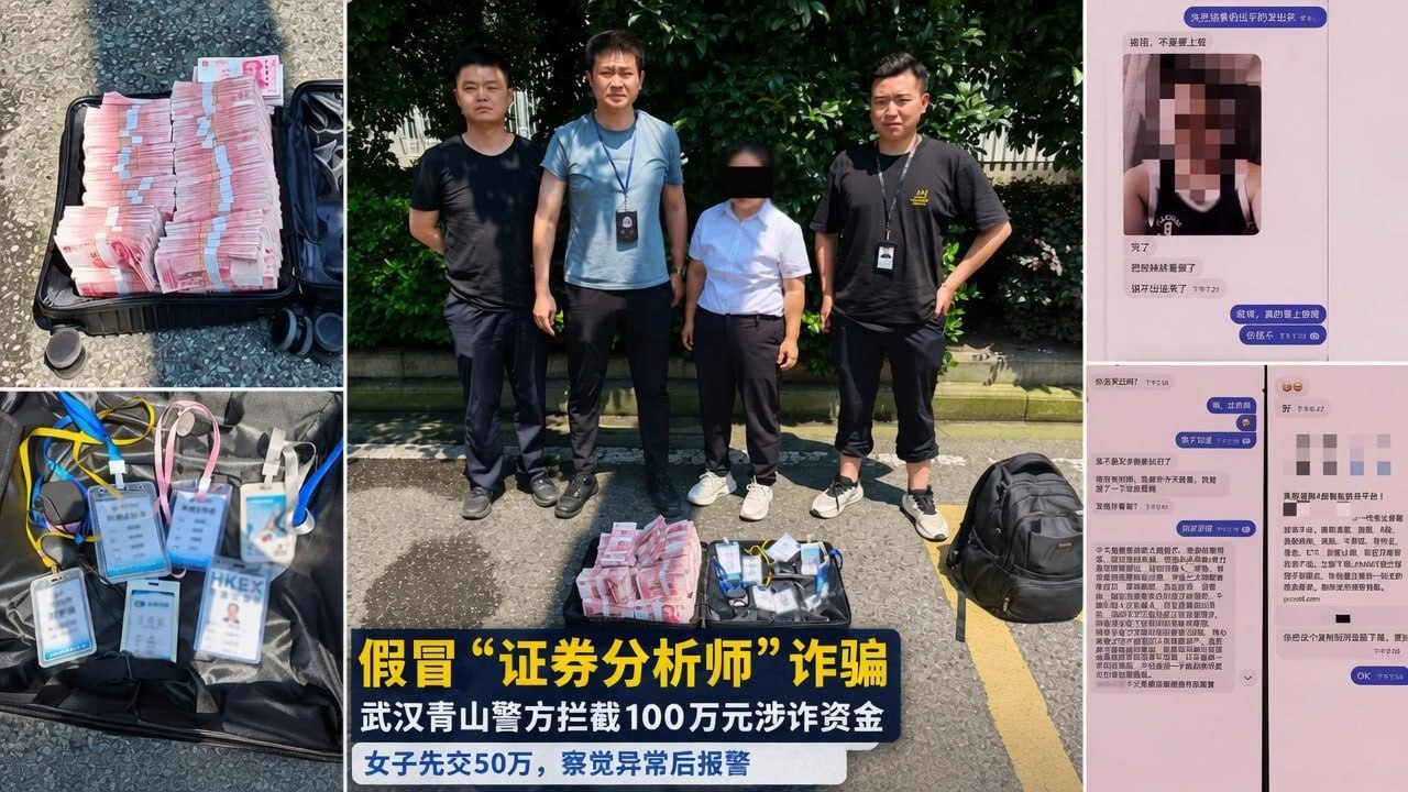 国内资讯:武汉女子交出50万元现金后察觉被骗,警方抓获假“证券分析师”并截获100万元